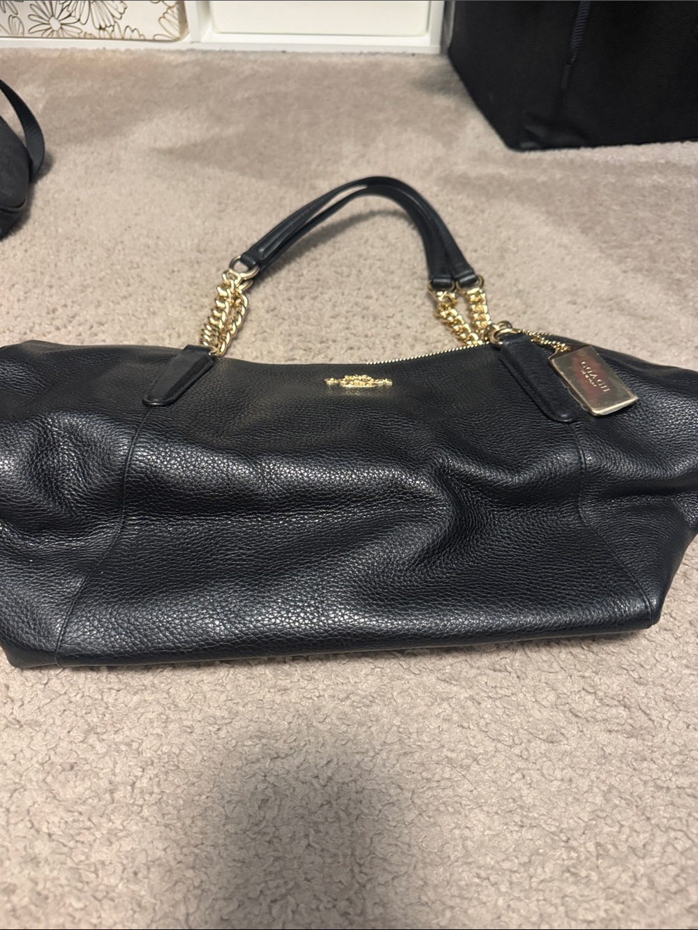 Coach Black Pebbled Leather Shoulder Bag with Gold Chain Handles